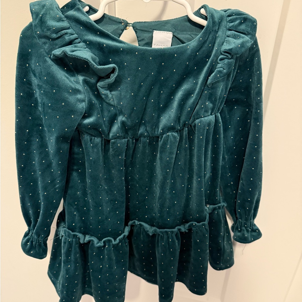 Tahari Kids Green Velvet Dress with Gold Dots